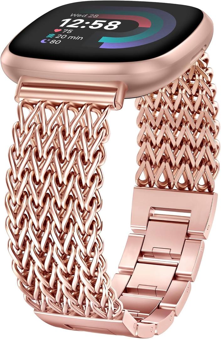 Minyee Metal Bands Compatible with Fitbit Sense 2/Versa 4/Versa 3/Sense Bands Women, Dressy Stainless Steel Multi-chain Designer Luxury Link Bracelet Wristband Replacement Strap (Pink Gold)