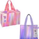 2-Piece XL Iridescent Waterproof Beach Bag Set, Include Purple Iridescent Tote Bag with Snap & Pink Iridescent Tote Bag with Zipper, & Phone Pouch - Perfect Beach Essentials for Family