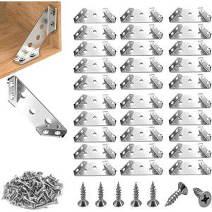 30 Pack Stainless Steel Furniture Corner Connector, Corner Brackets for Furniture Wood,Trapeziform Corner Brace with 140pcs Screws for Cabinets, Tables, Chairs, Drawers, Cupboards