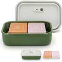 AIDIMMING Silicone Enhanced Leak Proof Travel Soap Case, Vented Shampoo Bar Holder, Large Bar Soap Box with Lid Portable Soap Dish with Draining Layer (Offwhite& Green)