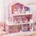 ROBUD Wooden Dollhouse Playset, 3 Stories, 5 Rooms, 24 PCS Furniture, Pretend Play Toys Gift for Kids Toddlers Girls