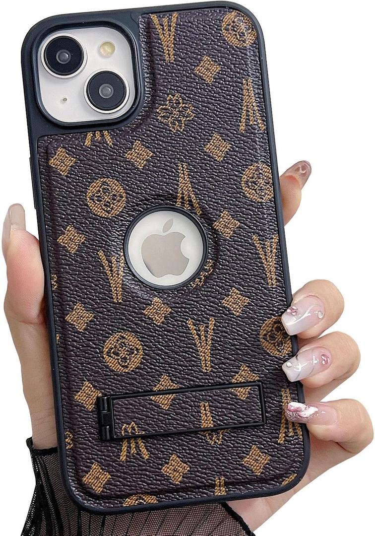 Compatible with iPhone 15 Case Luxury Designer for Women Girls Protective Leather Case with Kickstand Logo View Shockproof Phone Cover for iPhone 15-6.1(Brown)