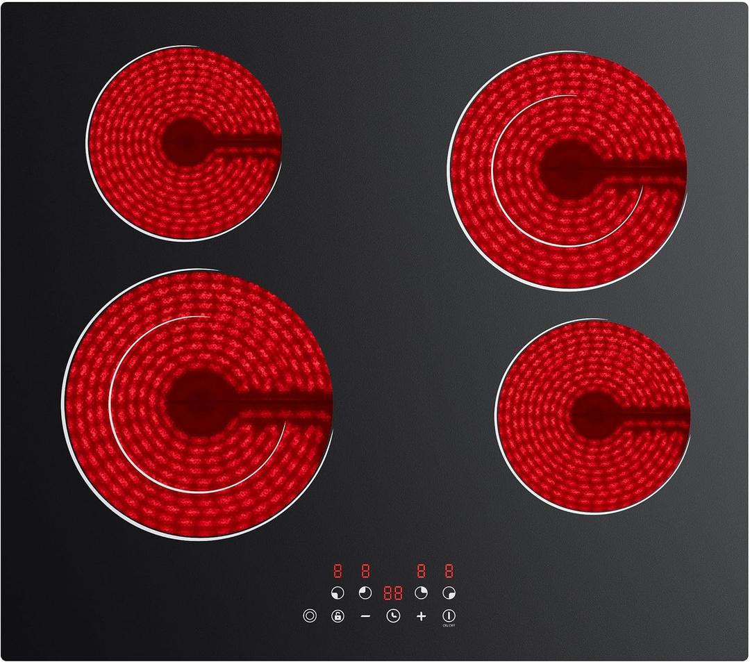 CDV 24 Inch Electric Cooktop 4 Burners 6600W Dual Heating Ring