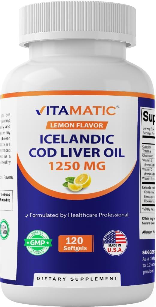 Vitamatic Icelandic Cod Liver Oil 1250 mg, Lemon, 120 Softgels, Made in USA