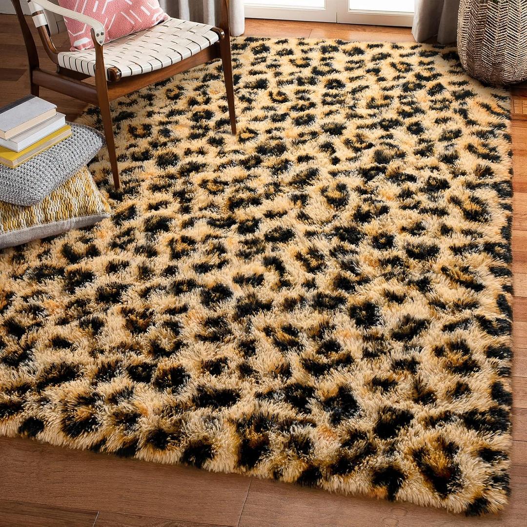 Amearea Fluffy Leopard Rug, Premium Cheetah Print Rugs, Soft Comfy Faux Fur Animal Print Carpet for Kids Room Bedroom, Living Room, Shaggy Teen Room Home Decor, Khaki 3x5 Feet