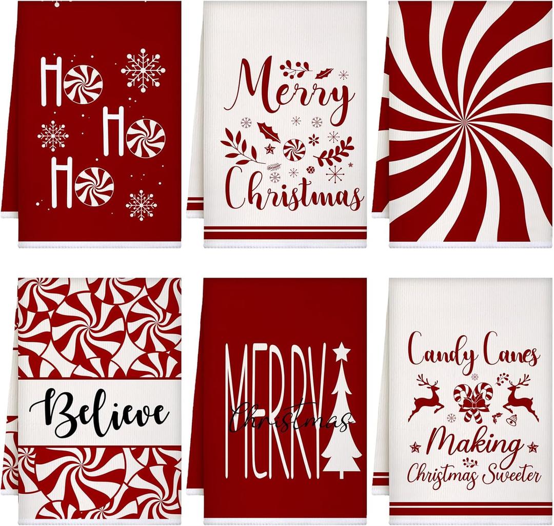 Breling 6 Pcs Christmas Kitchen Towels Red White Candy Tea Dishtowel 23.62 x 15.75 Inch Decorative Peppermint Candy Cane Hand Towel for Holiday Winter Home Kitchen Bathroom Decor Housewarming Gift