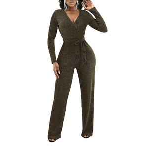 LightlyKiss Women's casual sexy V-neck sparkling jumpsuit long sleeve loose jumpsuits Fashion Club party Rompers with belt M