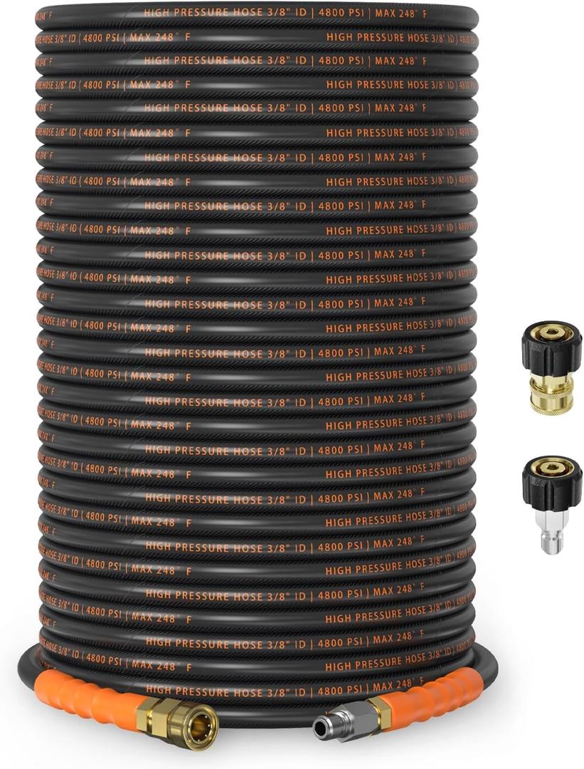 3/8" ID Pressure Washer Hose 200 ft, 4800 PSI Steel-Braided
Flexible & Kink-Resistant, Power Washer Hose with 3/8" Swivel Quick Connect & M22-14mm Adapter, Hot/Cold Water Compatible
