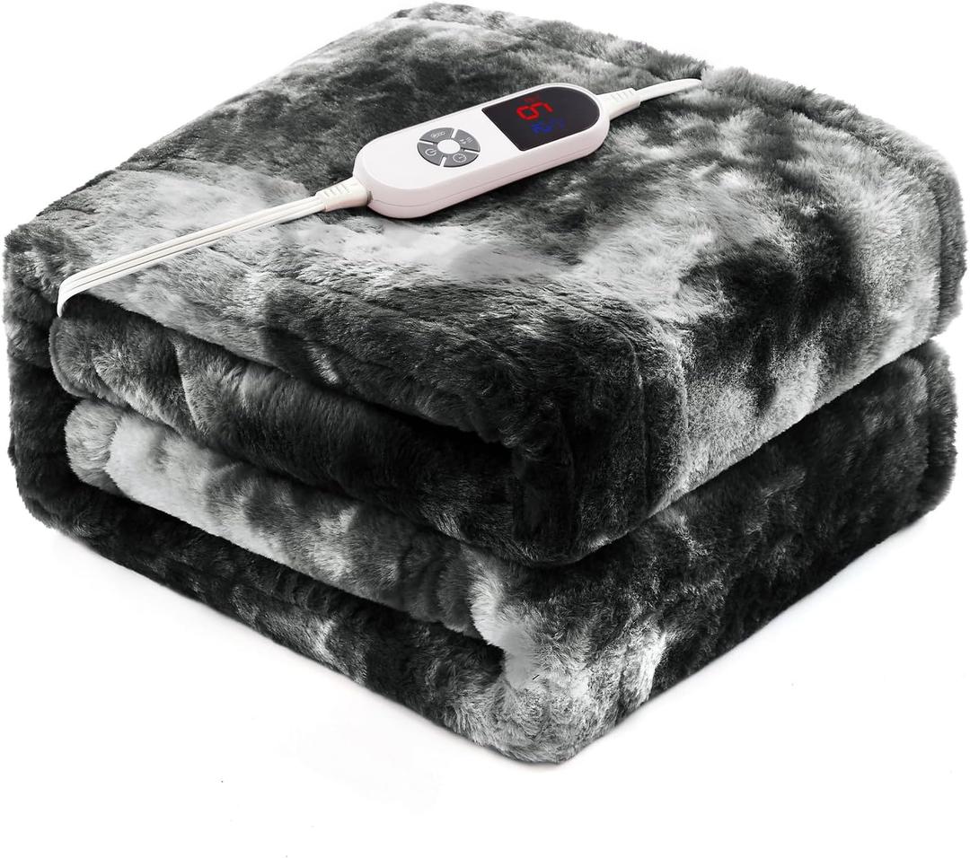 Electric Heated Blanket 62"x84",Luxury Black Twin Faux Rabbit Fur Electric Blanket,Fast Heating Soft Fluffy Thick Electric Blanket with 6 Heating Levels & 12H Auto Off