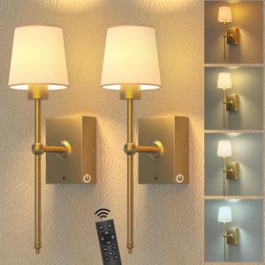 Battery Operated Wall Sconces Set of 2: Gold Rechargeable Wall Lights with Touch and Remote Control, Wireless Battery Powered Wall Scone Cordless Wall Lamp for Bedroom Living Room Bathroom Hallway