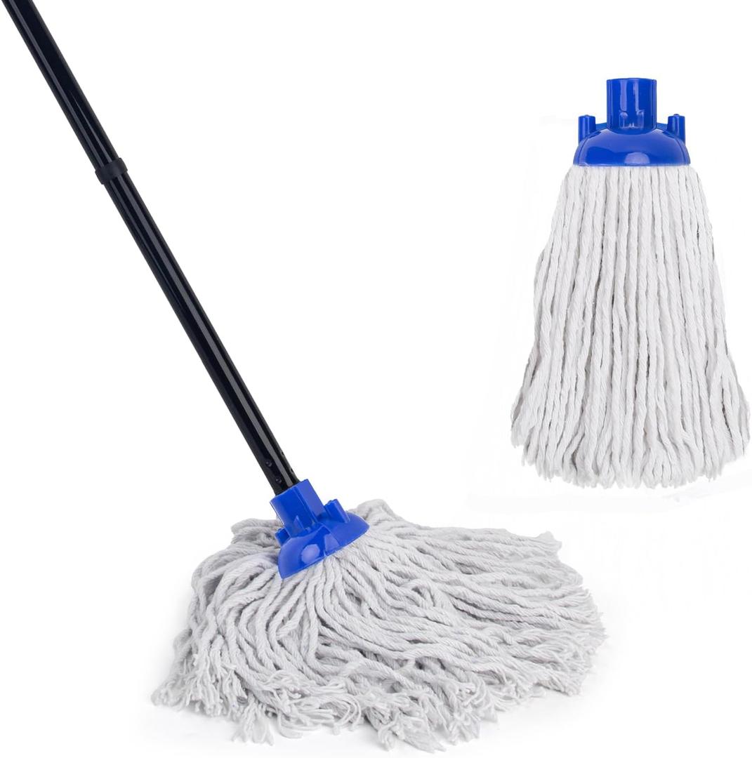KeFanta Mop for Floor Cleaning, 2 Pcs Cotton String Wet Mops Replacement Head Refill Compatible with Microfiber Cloth Mop & 0.8" Diameter Mop Handle(1 Handle & 2 Mop Heads) (Small, Blue)