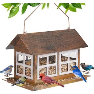 Bird Feeders, Heavy Duty Metal Bird Feeder for Outdoors Hanging, Weatherproof Large Capacity Wild Birdfeeder for Outside Garden Yard, Country House Shape (Horizontal) (Horizontal-6 pounds)