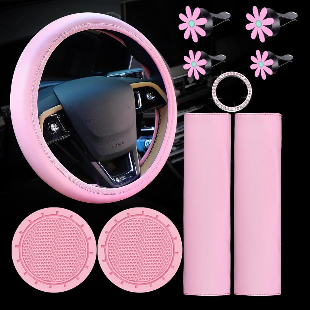 Frienda 10 Pcs Leather Steering Wheel Cover Set for Women 14.5-15 Inch Car Accessories with Seat Belt Shoulder Pad Seatbelt Cover Cup Holder Start Button Ring Sticker Air Vent Clip(Pink)