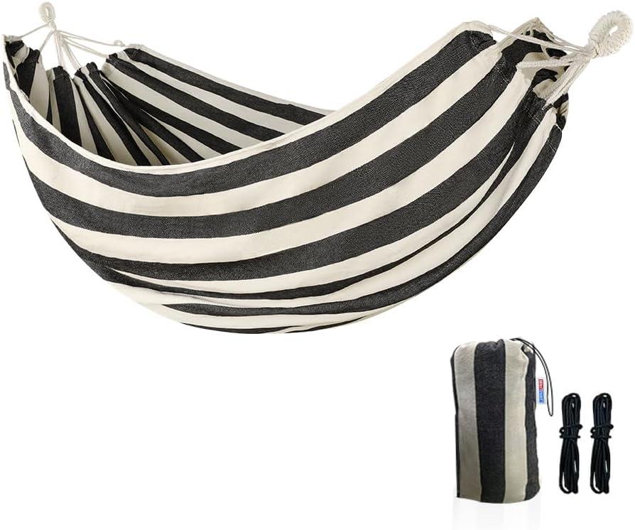 Cotton Canvas Hammock, Comfortable Fabric Camping Hammock with Tree Straps, Up to 440lbs with Travel Bag for Camping Outdoor/Indoor Patio Backyard(Black&White, Without bar)