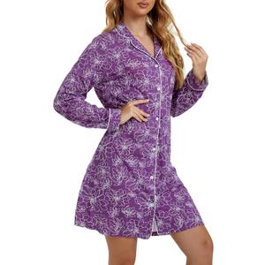 Tugege Nightgowns for Women Sleepwear V-Neck Button Down Night Shirt Long Sleeve Printed Pajamas Sleepshirts (Purple, M)