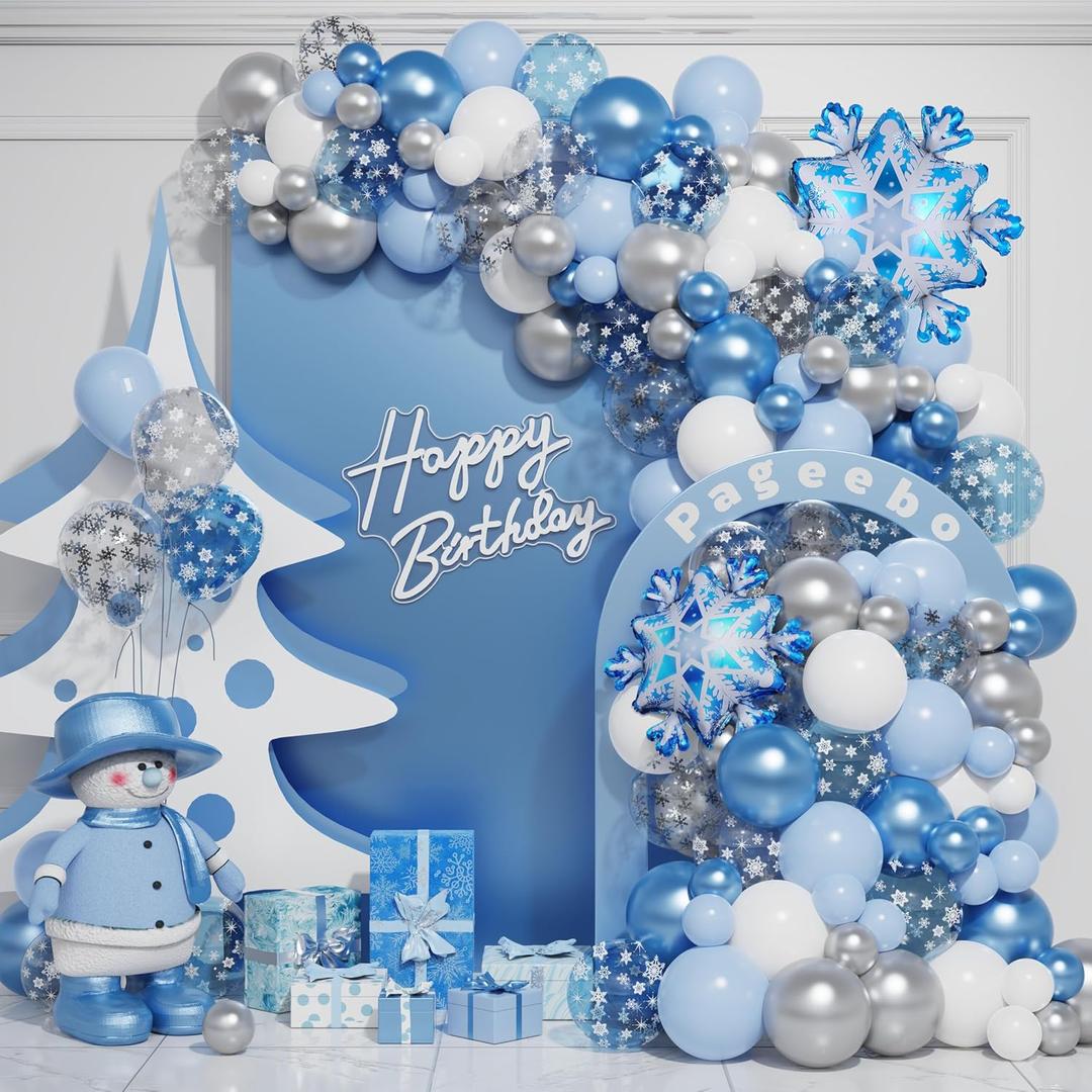 PageebO 147 pcs Snowflake Balloon Arch Kit for Winter Wonderland Party, 5 inch, 10 inch, 12 inch, 18 inch