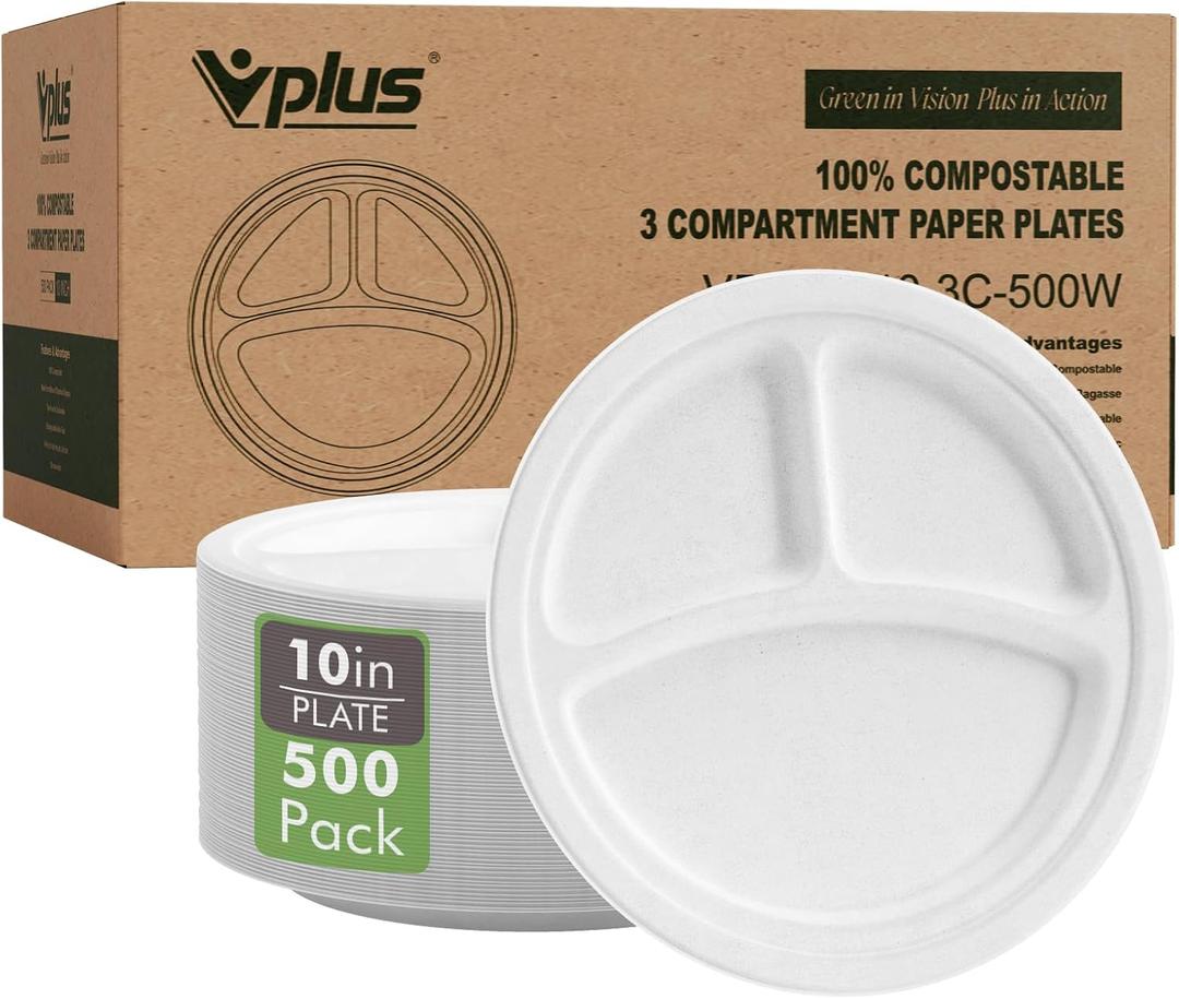 Vplus 100% Compostable Paper Plates, 500 Pack 10 Inch 3 Compartment Plates Disposable, Heavy Duty Biodegradable, Made of Sugar Cane Fibers, for Daily meals, Dinner, Parties, BBQ, 10 inch Large