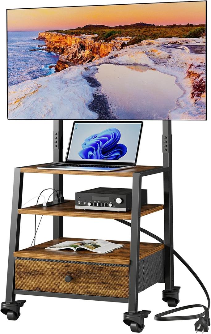 Rolling TV Stand with Mount and Fabric Drawer for 32-75" TV - Entertainment Center with Charging Station and Industrial TV Console Table for Living Room, Bedroom - Rustic Brown (19 in)