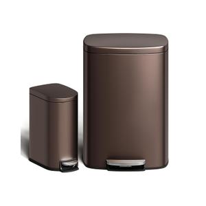 Garvee 13 gal (50 L) and 2.6 gal (10 L) Metal Trash Can Combo Set, Rustproof Garbage Can with Lid, Step-on Trash Bin with Inner Bucket, Rear Handle, Brown