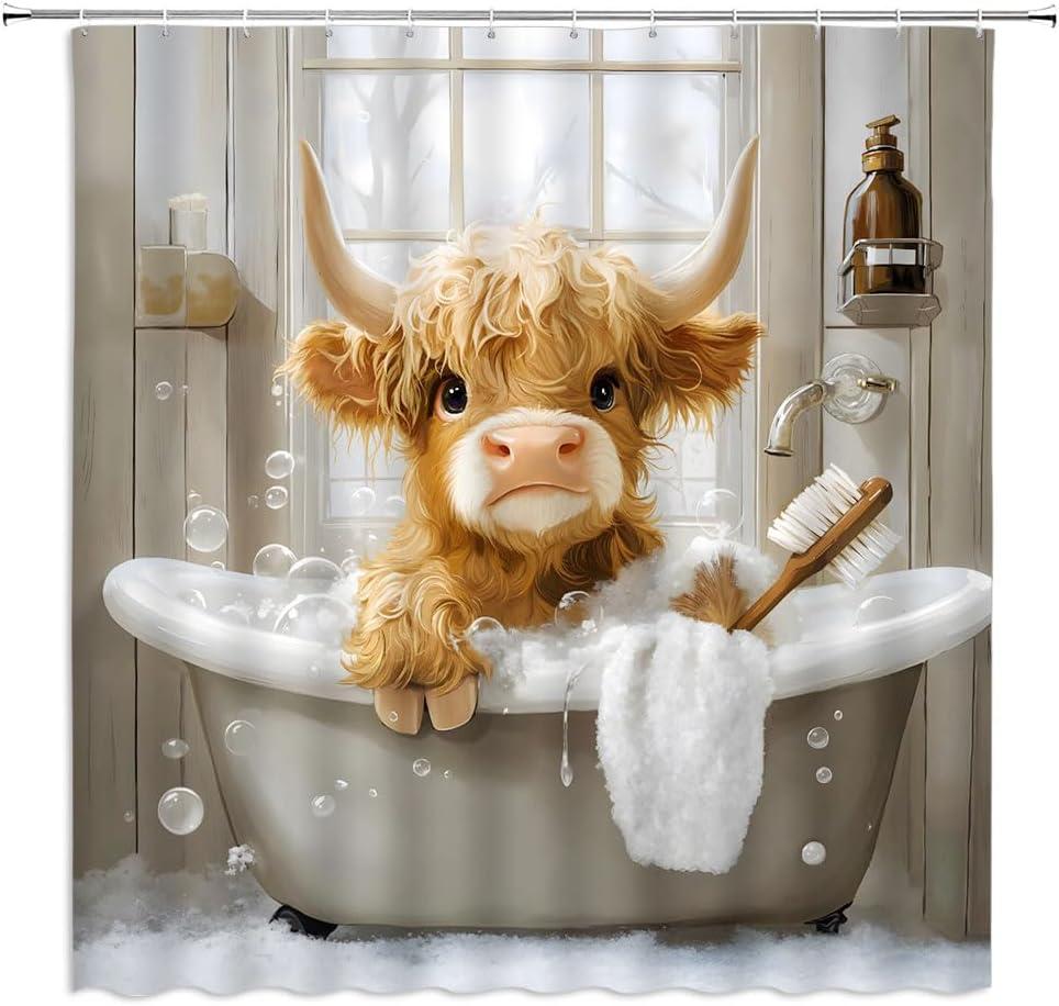 Highland Cow Shower Curtain Funny Bull in Bathtub Bubbles Western Rustic Farmhouse Cattle Cute Calf Wooden Board Watercolor Animal Bathroom Decor Polyester Curtains with Hooks,70Wx70L