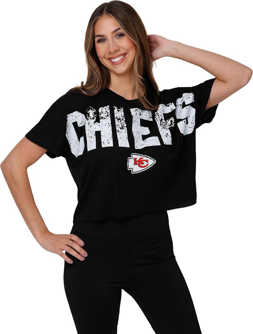FOCO NFL Womens NFL Team Logo Ladies Fashion Distressed Wordmark Crop Top Shirt (Black, Large)