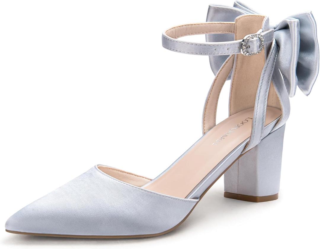 LOOPCHARM Womens Closed Pointed Toe Heels with Bow Low Chunky Block Heel Ankle Strap D'Orsay Pumps Bridal Wedding Dress Shoes, Silver Satin, 11