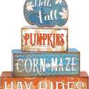 4 Pcs Fall Thanksgiving Decor for Home Blue Pumpkin Wooden Signs with Blessed Autumn Tiered Tray Decor Hello Fall Tabletop Centerpiece Maple Leaf Block Signs for Thanksgiving Office Kitchen Shelf