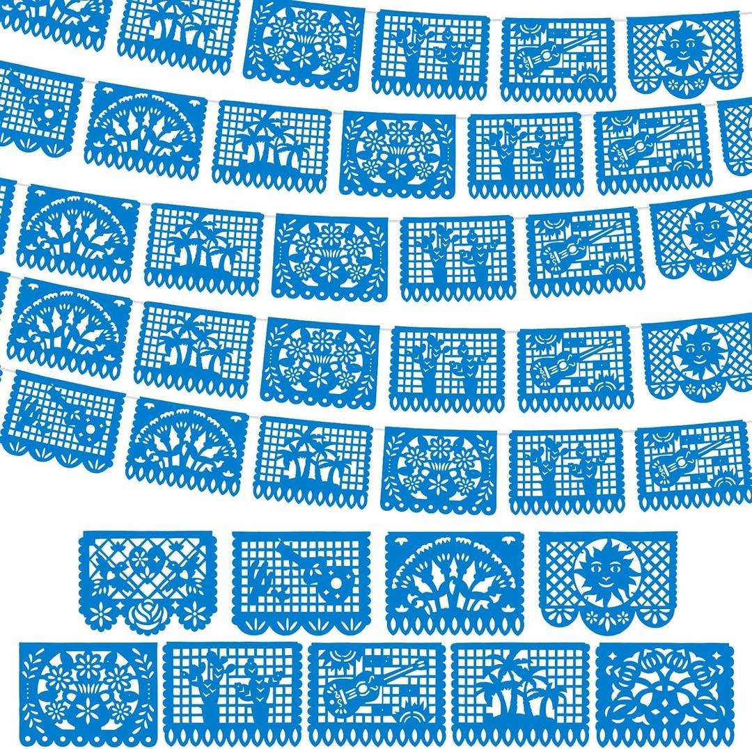 VitalCozy 4 Pack 59 ft Papel Picado Banner Mexican Talavera Party Plastic Fiesta Banner Mexico Wedding Decorations for Day of The Dead Cinco De Mayo Cielito Lindo Party Decorations (Blue)