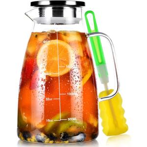 Aofmee Glass Pitcher, 68oz Water Pitcher with Lid and Precise Scale Line, 18/8 Stainless Steel Iced Tea Carafe, Easy Clean Heat Resistant Borosilicate Jug for Juice, Milk, Cold or Hot Beverages