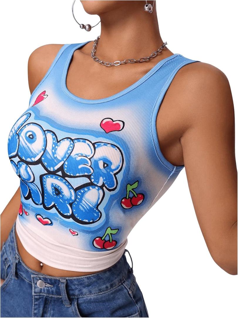 Floerns Women's Letter Print Scoop Neck Shirts Sleeveless Y2k Ribbed Tank Top (Large, Blue)