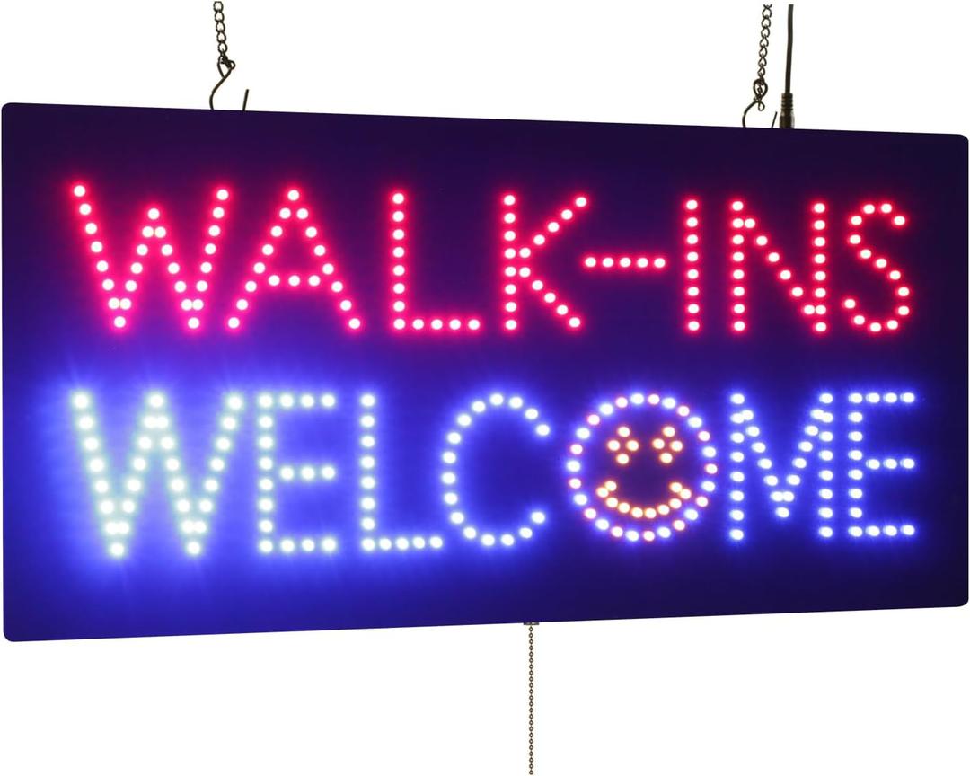 Walk-ins Welcome Sign, 24"x12", 60x30cm, TOPKING, LED, Neon, Florescent, Signage, Signboard, Display, Billboard, Screen, Grand Opening, Gift