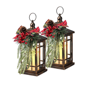 Baquler 2 Pcs Christmas Decorative Lantern LED Christmas Lantern 14" Bronze Vintage Flameless Hanging Candle Lanterns Xmas Centerpieces for Tables Indoor Outdoor Porch Decor (Black Red Plaid)