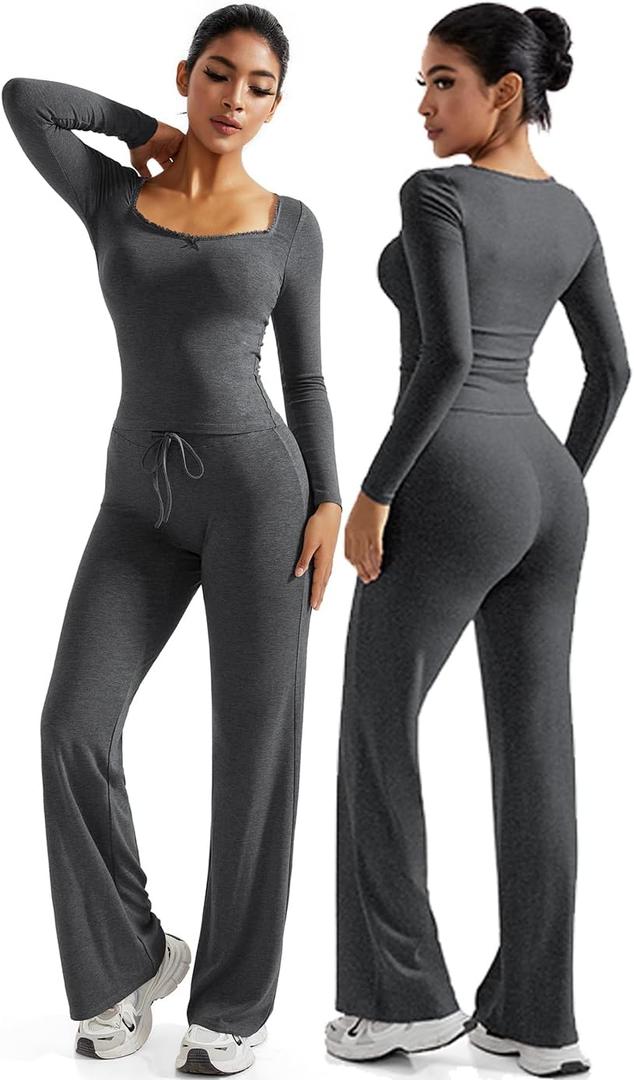 OMKAGI Womens Lounge Set Lace Square Neck Long Sleeve Tops Wide Leg Pants 2 Piece Outfits (X-Small, Dark Grey)