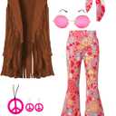 60s 70s Hippie Outfits Kids Girls Costume Fringe Vest Peace Flared Pants Accessories Set (8-10 Years, Brown)