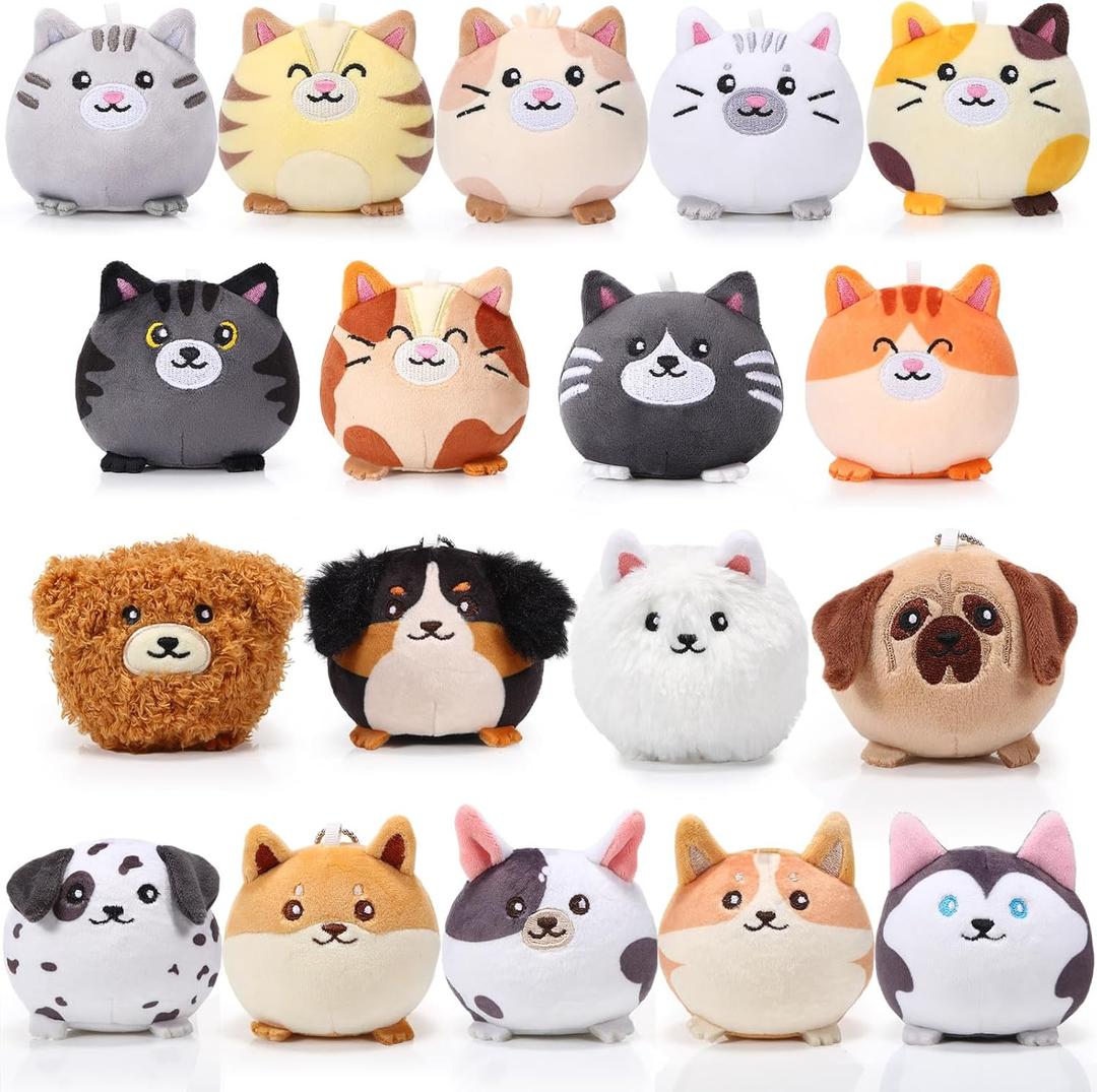 18 Pcs Mini Stuffed Animals Bulk Small Plush Cat Puppy 3.15 Inch Kitten Dog Toys Keychains Set for Easter Gifts Basket Stuffers Egg Fillers School Classroom Prizes Party Favors