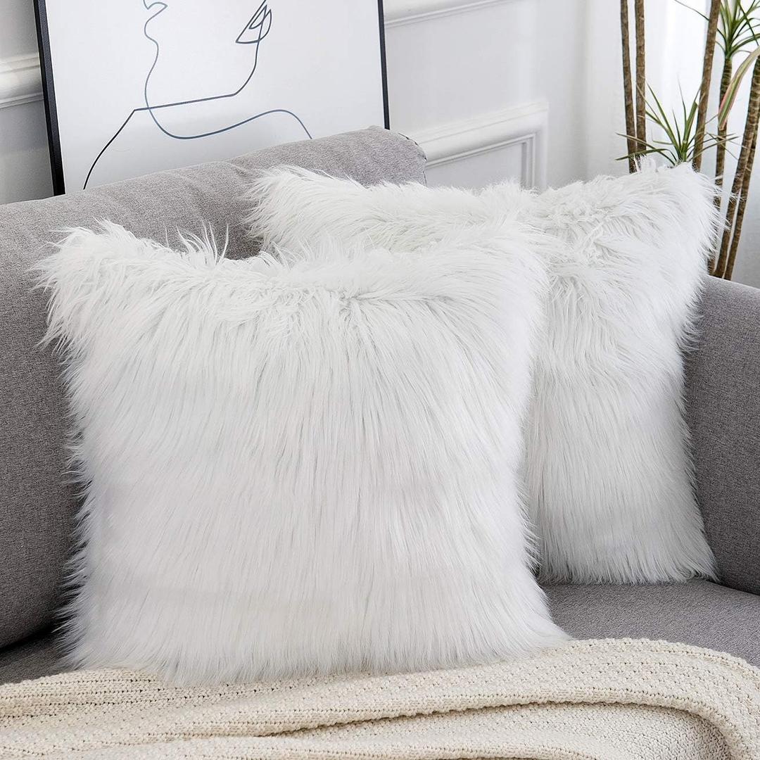 Set of 2 White Decorative Fluffy Pillow Covers New Luxury Series Merino Style Faux Fur Throw Pillow Covers Square Fuzzy Cushion Case Spring Easter Home Decor 18x18 Inch