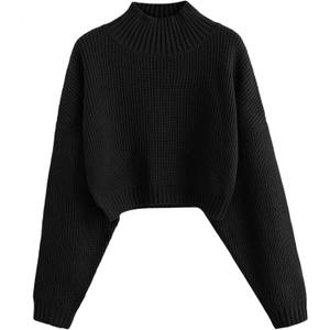 ZAFUL Women's Cropped Turtleneck Sweater Lantern Sleeve Ribbed Knit Pullover Sweater Jumper (X-Large, 0-black)