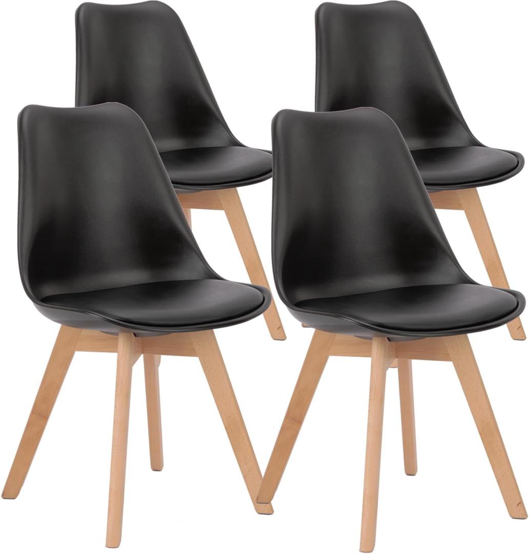 OLIXIS Dining Chairs Set of 4 Mid-Century Modern Dinning Chairs, Living Room Bedroom Outdoor Lounge Chair PU Leather Cushion and Wood Legs, Black (Inky)