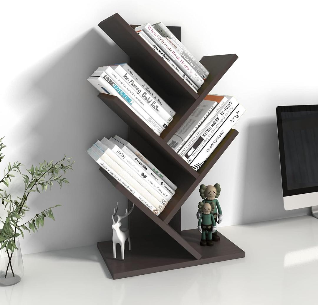 Godferyxin Book Tree Bookshelf, 5-Tier Wood Bookshelf Tree Bookcase for Displaying Books, CDs, Magazines and More at Office, Home or School, 23.6"H x 12.2"L x 6.7"W