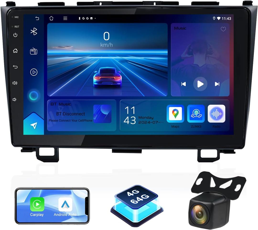 4+64G Car Stereo for Honda CRV 2007-2011 with Carplay Android Auto, 9 Inch Touch Screen Android Radio with Backup Camera, Navigation Head Unit with Bluetooth WiFi Mirror Link FM Radio