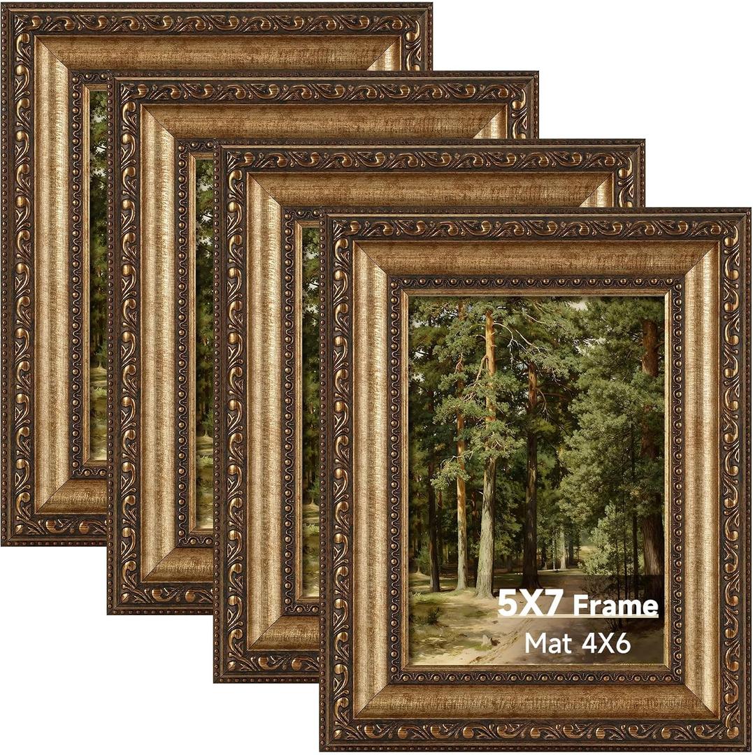 Splinterix 5x7 Gold Picture Frame Set of 4, Vintage Antique Picture Frames for Wall or Tabletop, 5 x 7 Ornate Bronze Photo Frame with Real Glass, Display 4x6 Print with Mat or 5x7 without Mat, 4 Pack