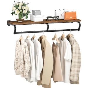 Wall Mounted Clothes Rack, Metal Garment Rack with Top Shelf, Laundry Storage Shelf with Hanging Rod, for Laundry Room, Bedroom, Entryway and Storage Room, Rustic Brown and Black TYM02BF