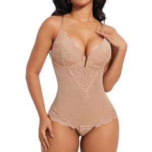 SHAPERIN Sexy Lace Shapewear Bodysuit Women's Sleeveless V Neck Tummy Control Backless Thong Tank Tops Body Suit Shaper (Nude)
