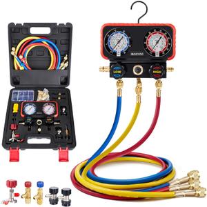 HVAC Manifold Gauge Set for R22/R410a/R134a Refrigerant, 3 Way AC Refrigerant Gauges Set with R22 R410a Safety Valves, 5FT Hoses, R134a Adapters, Can Tap, Upgrade Red