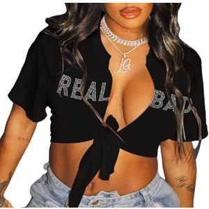 Zoyami Womens Sexy Tie Front Crop Top Tie Dye Summer Short Los Angeles Sleeve Graphic Tee Shirt Clubwear Letter RB Black Extra Large  Zoyami Womens Sexy Tie Front Crop Top Tie Dye Summer Short Los Angeles Sleeve Graphic Tee Shirt Clubwear Letter RB Black Extra Large