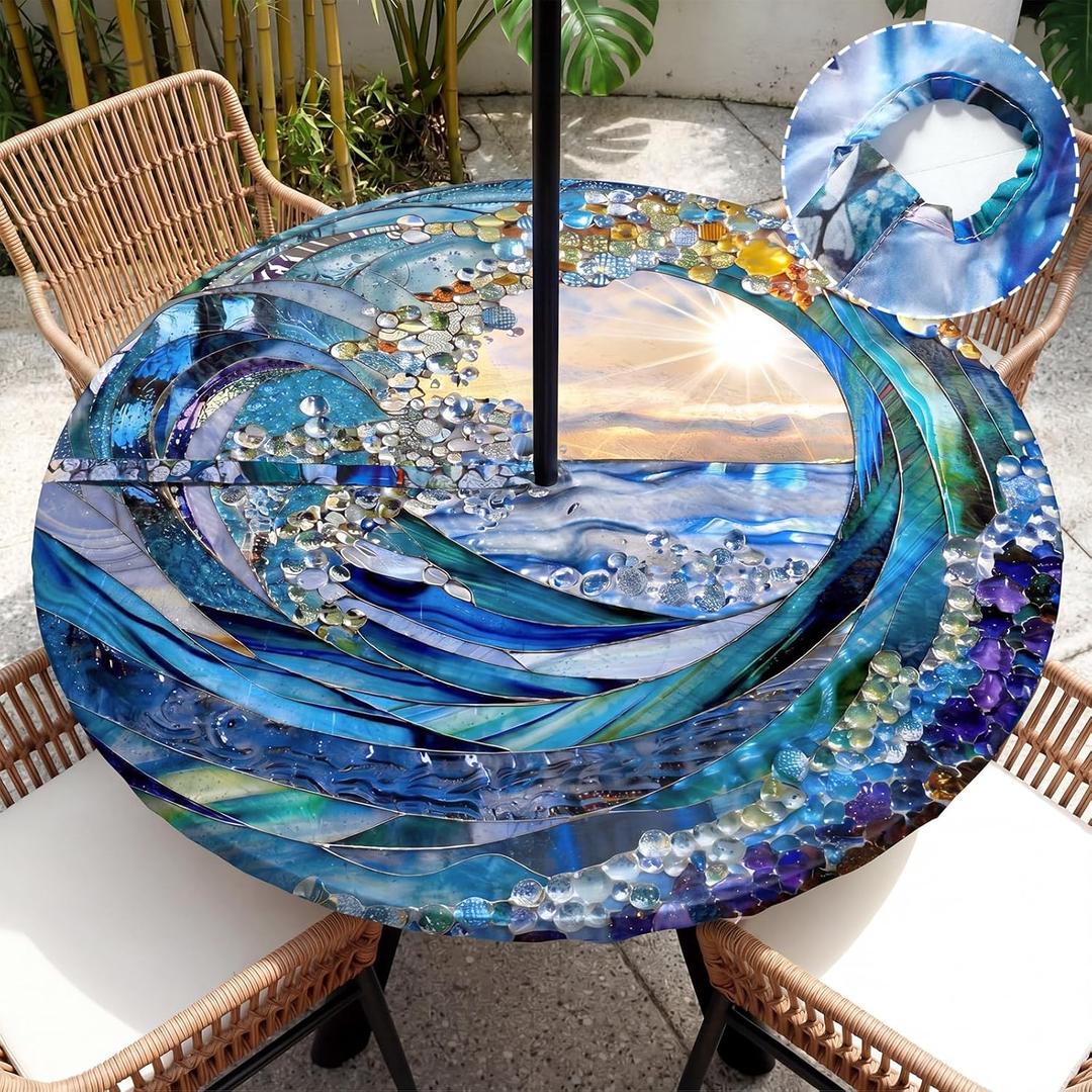 HunnmingRe Ocean Wave Round Outdoor Tablecloth with Umbrella Hole Zipper Waterproof Anti-Wrinkle Table Cover for Summer Patio Camping Party Car Rv Gardening Gifts Fit to 45"-53" Tables