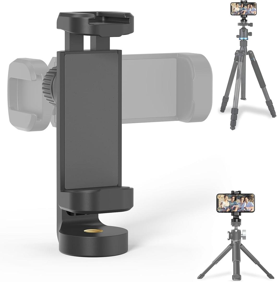 Phone Mount for Tripod, Universal Tripod Mount Adapter with Cold Shoe, 360 Rotates Adjustable Cell Phone Clip Clamp Holder with 1/4" Screw, Compatible with iPhone/Android/4-7 Phone