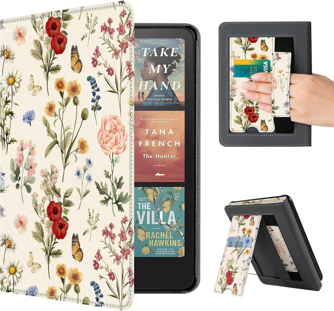 CoBak Case with Stand for Kindle Paperwhite 12th Gen 2024 Released (7") & Kindle Colorsoft Signature Edition - Durable PU Leather Cover with Auto Sleep Wake, Card Slot, Hand Strap Feature, Floralia