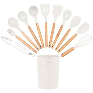 12 Pcs Silicone Cooking Kitchen Utensils Set,Non Stick Silicone Cooking Utensil Set Wooden Handle Heat ResistanceCooking Stirring Tools (White)