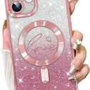 Fiyart Designed for iPhone 16 Plus Case, Compatible with MagSafe Love Hearts Plating Camera Protection TPU Magnetic Glitter Shockproof Phone Bumper for Women Girls 6.7"-Pink